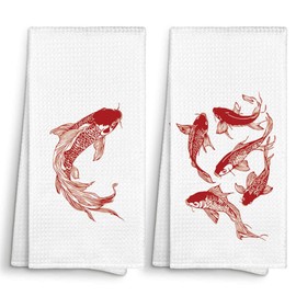 Sviojuce Trendy Japanese Red Koi Fish Kitchen Towels Decorative 16x24 Set of 2, Vintage Preppy Retro Dish Towel Cloths Dishcloth Tea Towel Gifts for Koi Fish Lover, Aesthetic Bathroom Hand Towel Decor