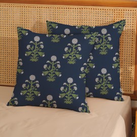 CXMEIFLY Navy Blue Vintage Pillow Covers 18 x 18 Inch Set of 2 Boho Blue Green Floral Outdoor Decor Throw Pillows Neutral Block Print Flower Linen Farmhouse Decorative Pillowcases for Couch Bed Sofa