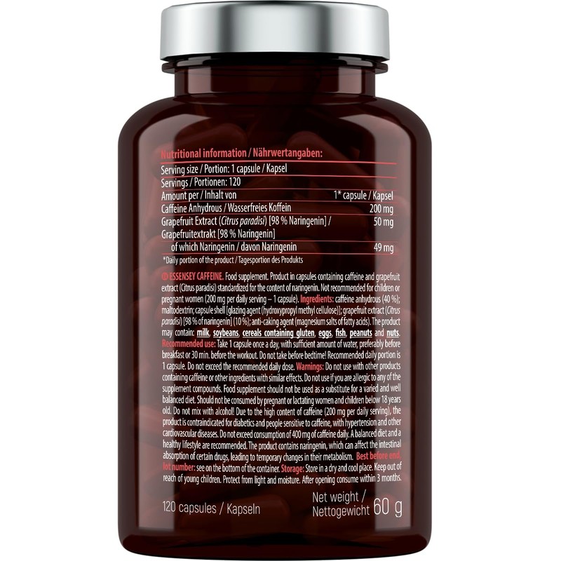 Essensey Caffeine 200mg Capsules - High Dose of Caffeine -