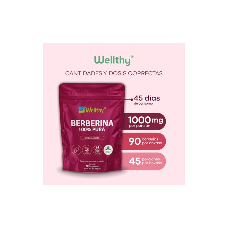 Wellthy Berberina Pura 90 Cápsulas. 100% Berberis Aristata, 500mg c/u,