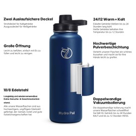HydroPal Stainless Steel Drinking Bottle - 750 ml, 1 L, 1.2 L, BPA-Free, Suitable for Carbonated Drinks, Insulated Thermos Flask with Straw and 2 Lids, Leak-Proof Insulated Bottle for Children,