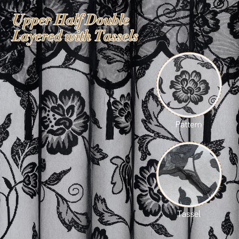 SD SDLIVING Black Lace Shower Curtain with Tassels,Luxury Floral Sheer