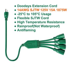 Doodays 1875W 15A 14AWG SJTW, 4 Way Power Extension and Outlet Splitter Cord, NEMA 5-15P to NEMA 5-15R x 4, 3 Prong 1 to 4 Power Cord Short Splitter Cord, Heavy Duty, Green, for Home or Office Use.