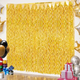 Gold Wave Tinsel Foil Fringe Backdrop 3.3x6.6ft - 2 Pack Shimmering Metallic Curtains for Bachelorette Party, Birthday Decorations, Photo Booth Background, Anniversary, Graduation Ceremony