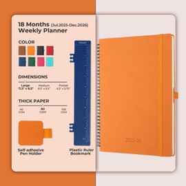 IN-LUXPRO Planner 2025-2026 Daily Weekly and Monthly,11.5"x8.5",18 Months Spiral Bound Calendar Agenda with Self-adhesive Pen Holder,2026 Academic Plan with Vegan Leather Soft Cover,Orange