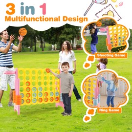 COSTWAY Jumbo 4-to-Score Giant Game Set with Carrying Bag, 2.5Ft Indoor Outdoor Game Set with Basketball Hoop, Ring Game, 42 Jumbo Rings, Quick-Release Slider, for Kids & Adults(Yellow)