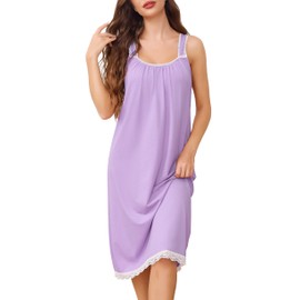 Vlazom Nighties for Women Sleeveless Cotton Nightgown Elegant Lace Trim Nightdress Sleep Shirt Sleepwear Light Purple,L