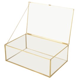 YAYODS 10.8” Glass Jewelry Box Gold Keepsake Box, Gold Card Box with Hinged Lid, Glass Display Box for Storage Wedding Card, Trinkets, Photo and More, Vintage
