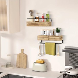 dreampossible Floating Shelves for Wall Storage, Wall Mounted Bathroom Shelf with Drawers Set of 2, Rustic Wood Wall Shelves for Bedroom, Living Room, Kitchen, Wall Decor, Plants, Books (Brown)