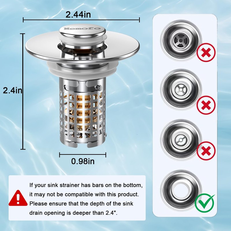3-in-1 Bathroom Sink Drain Strainer, Stainless Steel Pop-up Strainer Basket