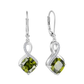 FJ Princess Cut Peridot Earrings 925 Sterling Silver Square Dangle Drop Earrings Infinity Leverback Earrings August Birthstone Jewellery Gifts for Women