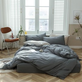 Comfortable & Soft 3 Piece Gentle Breathable Texture Cotton Duvet Cover Queen Size Solid Hued Tidy Design | All Seasons Fall Bedding Dark Gray Grey Color Zipper Closure Warm Plush Cozy Luxury