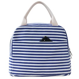 EurCross Blue White Stripes Lunch Bag for Adult Women Girls,Canvas Medium Insulated Cool Lunch Tote Box Bag for Work for School