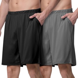 Aroveea - Pantalones cortos deportivos para correr para hombre, 2 unidades, de secado rápido con bolsillo, pantalones cortos de entrenamiento para gimnasio, traje de baño, Negro/Gris oscuro, Small