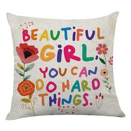 Littlefa Cute Inspiring Throw Pillow Cover-Beautiful Girl You Can Do Hard Things Colour Flowers Decorative Pillowcase for Girls Friends Teenage Girls