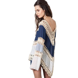 Vanbuy Women’s Boho V Neck Crochet Tunic Tops Blouse Hippie Peasant Shirt Hollow Out Beach Cover up Z01-Blue