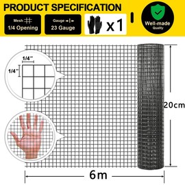 Black Rodent Mesh,Black Vinyl Welded Wire Fencing Rodent Proofing Wire Metal Mesh, Galvanised Wire Mesh Roll,Welded Mesh Panels. Stop Rat, Mouse, Squirrel & Bird Access Internal (Black, 200mm x 6m)