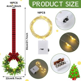 Zeyune 32 Pieces Lighted Christmas Wreath Set, 16 Pcs Christmas Kitchen Cabinet Wreaths with Ribbon and 16 Pcs LED String Lights Hanging Decorative Boxwood Wreaths for Door (Black and Red Plaid)