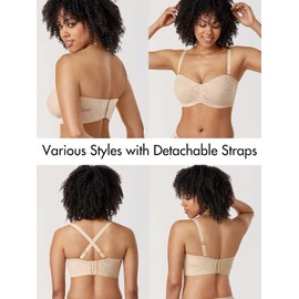 AISILIN Women's Strapless Bra for Big Bust Minimizer Unlined Underwire Plus Size Lace Bandeau Beige 34C