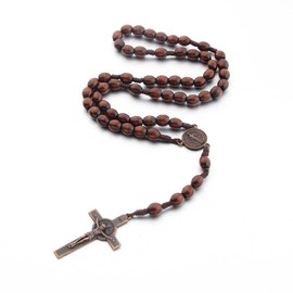 Catholic Cross Rosary Necklace, Natural Wood Prayer Beads with Medal Cross Jesus Christ Saint Benedict, for Catholic Christians Religious Communion, Baptism, Mass, Bible
