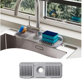 14.6 Inch Silicone Faucet Mat for Kitchen Sink Splash Guard - 6 Slope Water Draining Mat with Fasten Button for Bathroom Area - Black (Gray, 14.6''x5.5'')