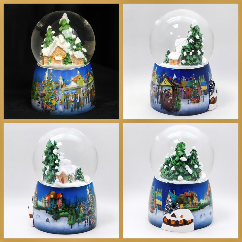 Snow globe Christmas music box, winter hut, base Christmas market