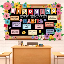 Spring Wildflower Bulletin Board Decorations Set Health Habits Classroom Bulletin Board Border Bloom Colorful Wildflower Decor Floral Paper Cutouts for Back to School Home Wall Chalkboard Supplies