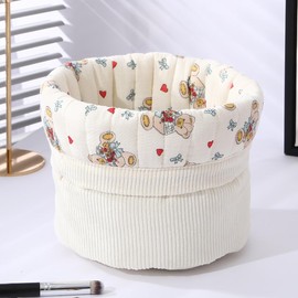 Lyssiatina Aesthetic Quilted Cotton Drawstring Makeup Bag with Corduroy Lining，Coquette Portable Travel Cosmetic,Toiletry Organizer Pouch for Women Girls（Bouquet Bear）