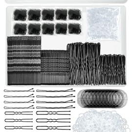 510PCS Black Bobby Pins Hair Pins Kit with Hair Net, YINGFENG Includes 100 Bobby Pins for Women, 100 U-Shaped Buns Hair Clips, 300 Hair Bands and 10 Black Hair Nets, Dance competition must haves