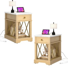 YITAHOME Farmhouse End Table Set of 2, Side Table with Power Outlets, Nightstand with Drawer and Open Storage, Rustic End Table for Living Room, Sleeping Room, Natural Walnut