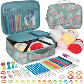 GMAK Crochet Kit for Beginners Adults Kids, 59 PCS Crocheting Sets Include Yarn, Hooks and Tools, Portable Crochet Starter Kit for Making Variety Projects Crocheting Supplies, Blue Flamingo