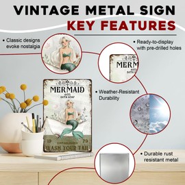 ARTWALLURE Mermaid Bathroom Decor Tin Sign Metal Wall Art for Seaside Bath & Shower Waterproof 8x12 Inch