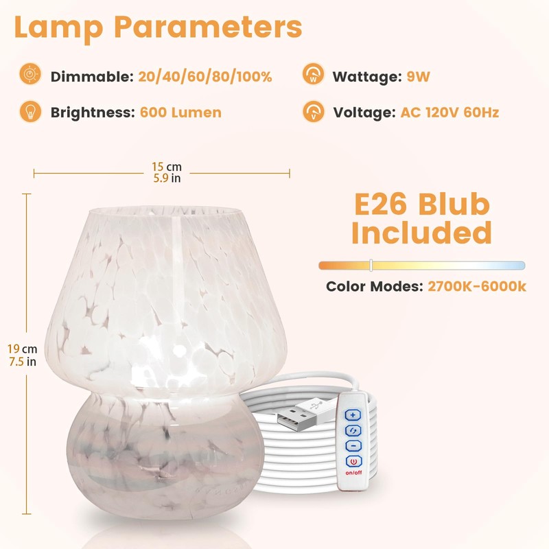 ULAROOM USB Plug-in Mushroom Lamp Small Bedside Table Lamp with