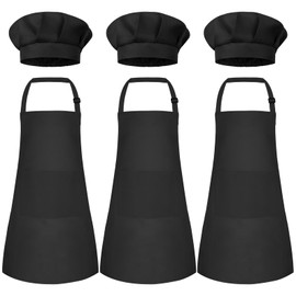 Bouiexye 3 Set Kids Apron and Chef Hat Set Children Apron Adjustable with 2 Pockets Children Chef Painting for Cooking Baking Painting Crafts Making (Black