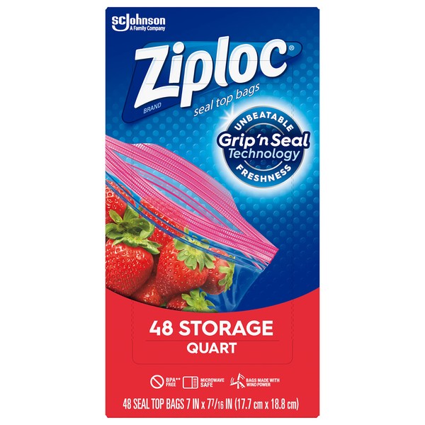 Ziploc Storage Bags, For Food, Sandwich, Organization and More, Smart Zipper Plus Seal, Quart, 48 Count