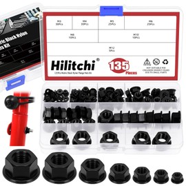 Hilitchi 135Pcs Black Nylon Flange Nuts Set, M3 M4 M5 M6 M8 M10 M12 Flange Nylon Insert Lock Nuts Flange Hex Nuts Nylon Hex Flange Nuts Assortment Set for Furniture Machinery Industry