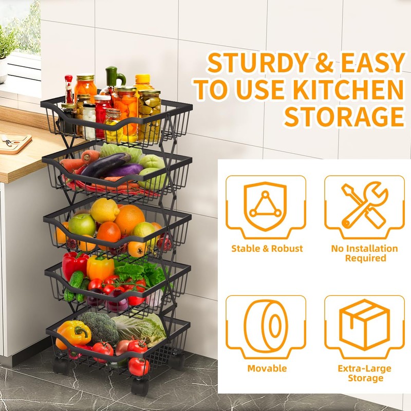 Newzealkids Fruit Vegetable Storage Basket 5 Tiers Stackable Metal Wire