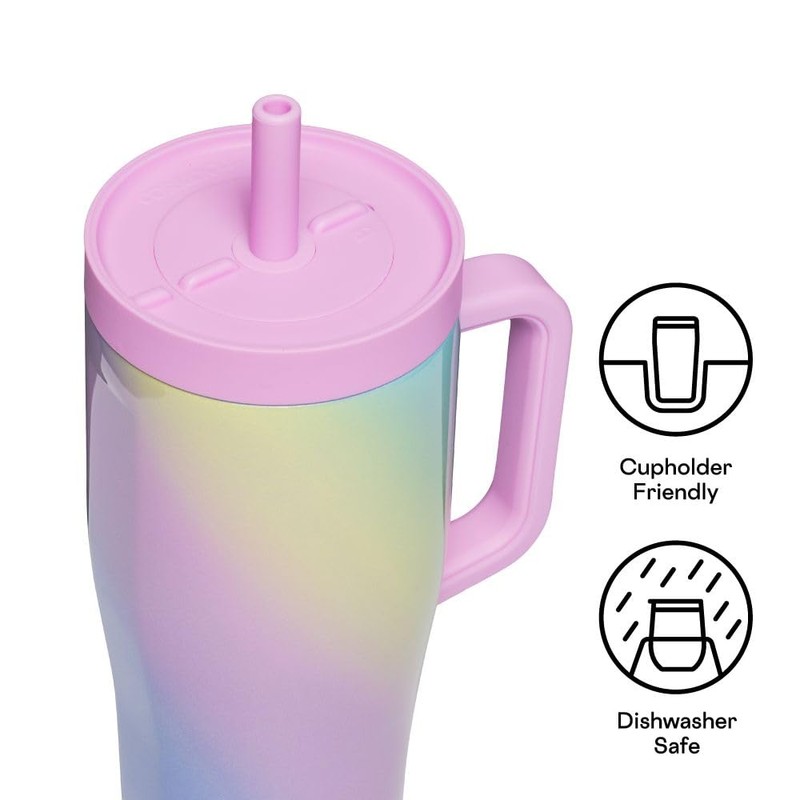 Corkcicle Cruiser Insulated Tumbler with Handle & Straw, Rainbow Unicorn,