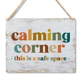 Calming Corner - Safe Space Hanging Wood Sign Plaque, Classroom & Office Decor, Calm Down Corner Decorations, Boho Style(Yellowish White), 10x8