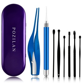POZILAN Ear Picker Tweezers with LED Light - 8 Pack Ear Wax Removal Tool Cleaner Kit for Kids and Adults, Earwax Spoon Digger & Tweezers for Ear Cleaning Tool Gift Set