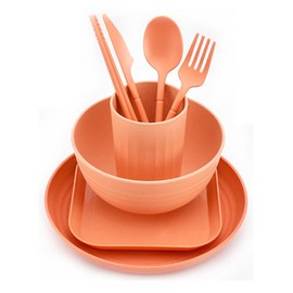 Wheat Straw 8pcs Set Kitchen Dinnerware Bowl Sets Dinnerware Tableware Dinner Plates Bowl Cup Plate Knife Spoon Fork Chopsticks Flatware (Orange)