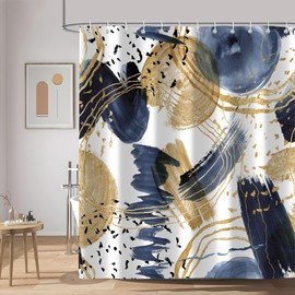Abstract Blue Gold Shower Curtain, Boho Aesthetic Unique Modern Minimalist Simple Bathtub Curtains Decor for Bathroom Set, Washable Fabric Cloth Waterproof with 12 Hooks, 72x72 Inch