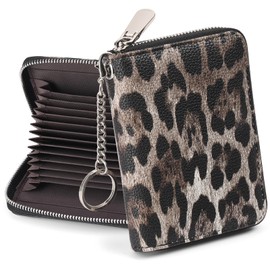 SENDEFN Women's Small Credit Card Holder with RFID Protection, Small Card Holder Wallet with 16 Compartments, Leather Card Holder with Zip and Key Ring, Black leopard, Fastened