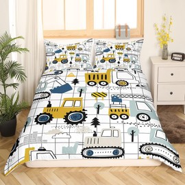 Construction Bedding Set Full Size Kids Excavator Tractor Toddler Comforter Cover Set Cartoon Car Equipment Trucks Plaid Grid Duvet Cover Construction Vehicles WhiteBedspread Cover Quilt Cover