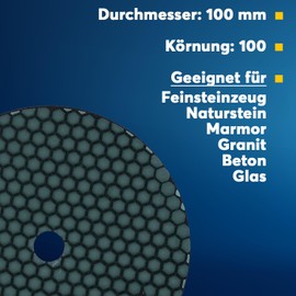 Professional Diamond Sanding Pad for Dry Sanding, 100 mm Grit 100, Velcro Attachment for Natural Stone, Artificial Stone, Granite, Marble, Glass, Ceramic Tiles