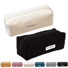 ZYEKIU Pack of 2 Pencil Cases, Cord Fabric Pencil Case, Washable Pencil Case with Practical Zip, Portable Pencil Case for Teenagers, Men and Women, White+Black, Pencil case