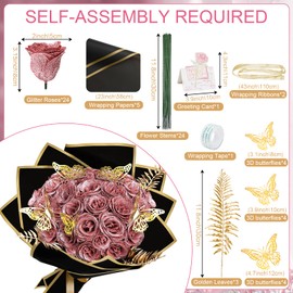 YMDOBIGER Pink Glitter Roses Bouquet, DIY Artificial Flower Bouquet Kit with Fake Rose Butterfly Stems Cards for Gifts Anniversary Birthday Wedding Engagement, 24 Roses, Dusty Pink