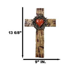 Ebros Gift Rustic Western Faux Wooden Sacred Heart with Crown of Thorns Decorative Wall Cross Plaque Figurine Inspirational Home Accent