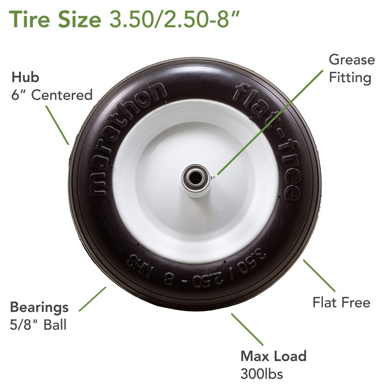 Marathon 3.50/2.50-8" Flat Free Tire on Wheel, 6" Hub, 5/8"