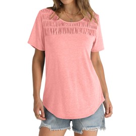 OFEEFAN Spring Tops Womens 2025 Casual Pleated Crewneck T-Shirt Fashion Plain Coral L